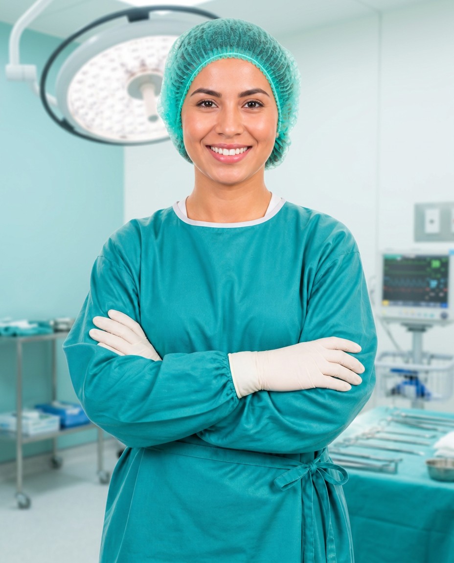 Instrumentista quirúrgica con atuendo reglamentario estéril en sala de operaciones